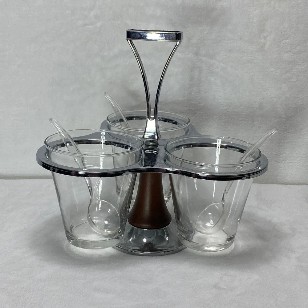 VTG LAZY SUSAN 3 Glass‎ Caddy Condiment Spinning Server Carousel With Spoons